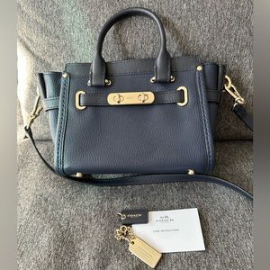 Coach Navy Blue Leather Crossbody Satchel with Gold Hardware
